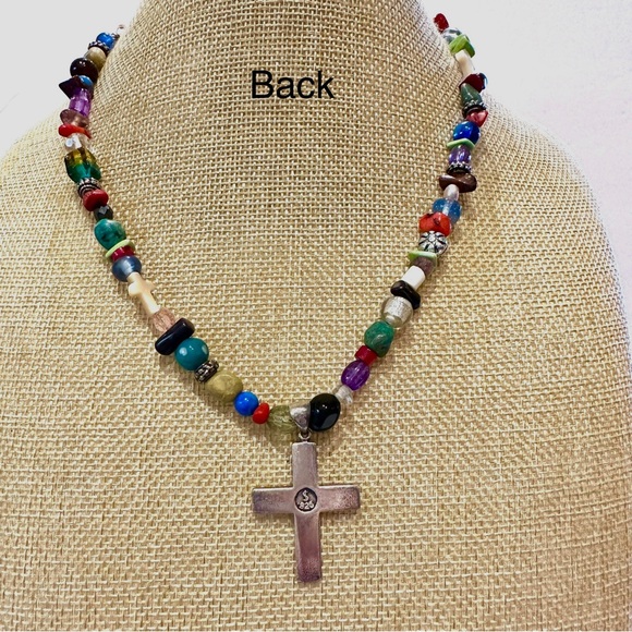 Multi-color Genuine Gemstone & Glass Bead Necklace w/ sterling silver cross .925 - Picture 9 of 10